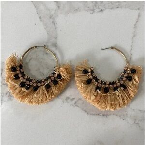 Ann Taylor Raffia Fringe Embellished Hoop Earrings